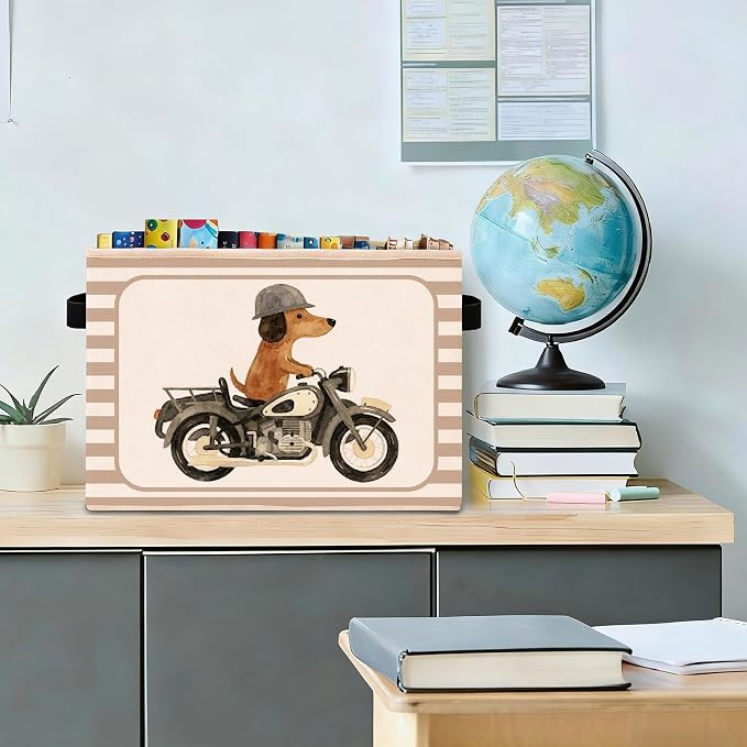 Motorcycle Dog Storage Bin, Beige Stripe Foldable Fabric Basket | Cute dog rider collapsible fabric organizer for nursery, bedroom, playroom, toys, books, and clothes