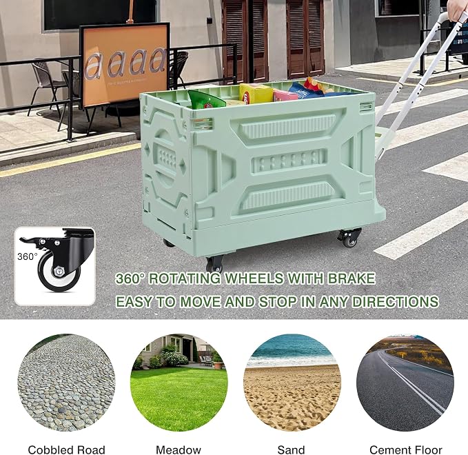 VECELO 23 GAL 2-in-1 Foldable Shopping Cart, Collapsible Utility Cart with Adjustable Handle & 360° Wheels, Dual-Mode Rolling Crate (Basket/Flatbed) for Groceries, Camping, Compact Storage, Green