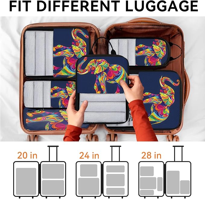 Elephant 6 Set Compression Packing Cubes Wild Animal Art Print Expandable Packing Organizer for Travel Accessories Luggage Suitcase Bag