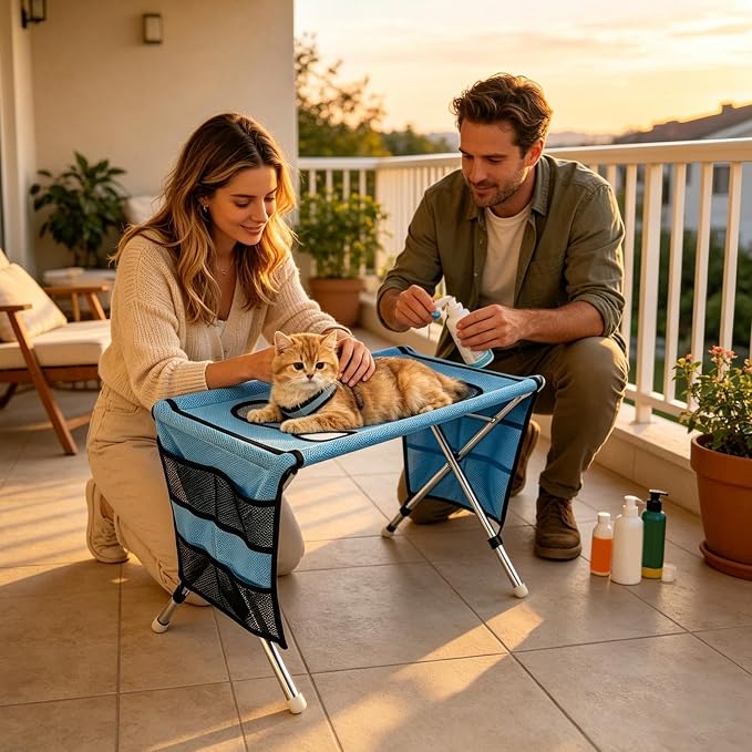 Dog Grooming Hammock with Stand, Foldable Stainless Steel Pet Frame, with | Non-Slip Station With Triangular Frame, 60x33x40cm, For Small Medium Pets, Puppies, Nail TrimmingEar Cleaning,