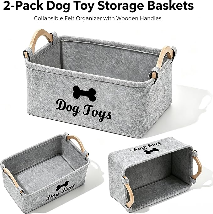 Dog Toy Storage Basket, Felt Pet Toy Organizer with Wooden Handles, Collapsible Pet Supplies Storage Bin for Dog Cat Toys, Treats, Accessories, Home Office Closet Organizer (LightGray-2)