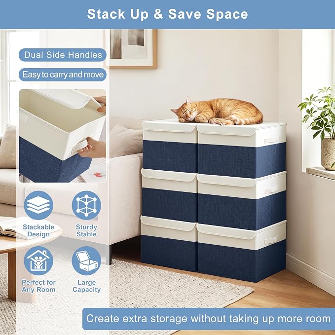 Large 22 Quart Linen Fabric Foldable Storage Bin Cube Organizer Basket with Flip-Top Lid & Handles, Clothes Blanket Box for Home, Office, Closet, Navy Blue & White, 4 Pack 14.6 x 9.5 x 9.5