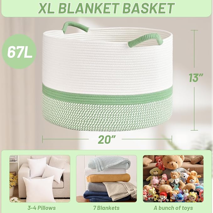 67L Large Blanket Basket, 20"x13" Blanket Basket Living Room, Woven Baskets With Handle, Toy Baskets for Blankets, Nursery, Dog, Pillow, Gift (White & Green)