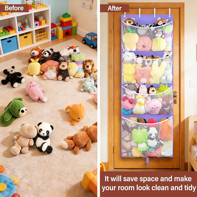 Over Door Stuffed Animal Storage, Hanging Plush Toy Organizer Holder | Behind Door Organizer with 4 Large Pockets, Mesh Hammock Bag for Doll & Bear Stuffies, Idea for Girl Boy Kid Nursery Closet