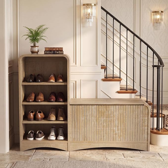 L-Shaped Shoe Storage Bench with Lift Top Box & Shelf, Natural | Durable Wood Cabinet With Hidden Storage For Entryway, Hallway, Apartment