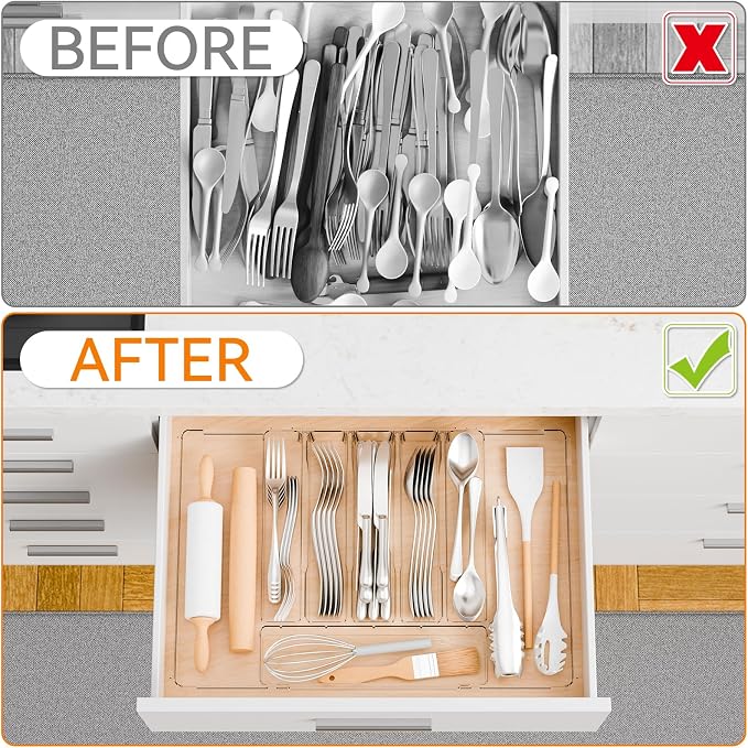 Large Clear Expandable Silverware Drawer Organizer for Kitchen,BPA FREE Adjustable Utensil Drawer Organizer and Silverware Tray,Plastic Flatware Organizers,Cutlery,Knife,Fork and Spoon Holder