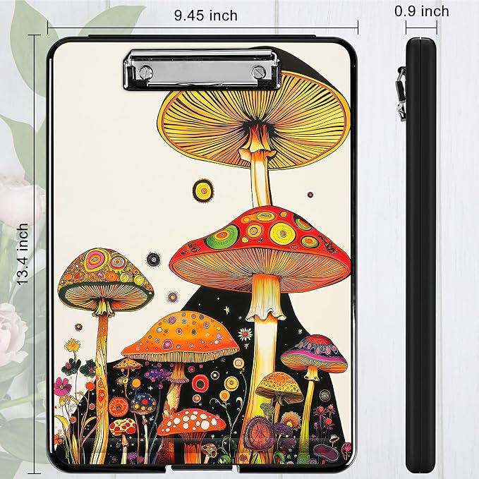 Heavy Duty Storage Clipboard, Slim Nursing Clipboard with Internal Pen Case, Portable File Organizer Case for A4 Letter Size Paper Office Medical Professionals, Mushroom Painting