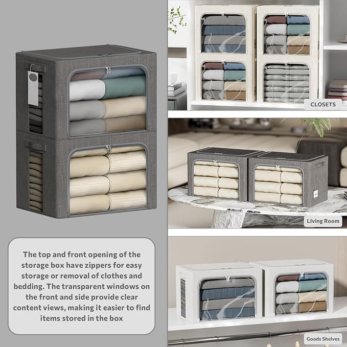 4 Pack Clothes Storage Bins with Metal Frame - 22L Stackable Storage Box with Lid，Foldable Storage Container Organizer for Clothes，Linen Fabric Storage Box with Clear Window＆Zippers＆Handles