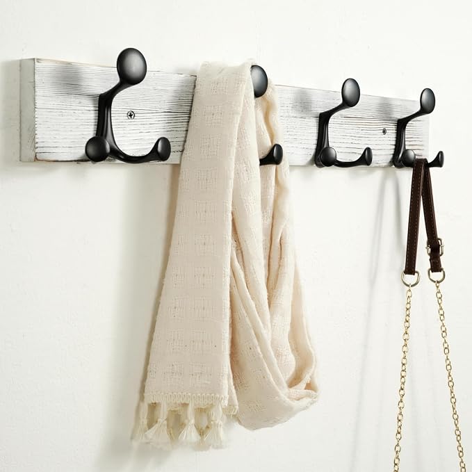 SKOLOO 24-Inch Wood Coat Rack Wall Mount with 4 Triple Hooks - Ideal for Family Entrances, Classrooms, and Pet Supplies Storage - Perfect Coat Hooks for Wall,Distressed White Wash, Pack of 2