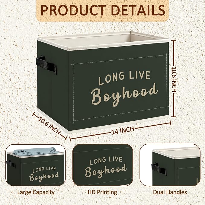 Boy Nursery Foldable Storage Bins Box with Handles, Long Live Boyhood Dark Green Minimalist Decorative Storage Boxes Baskets Toybox Organizer for Kids Boys Nursery Room Bedroom Playroom