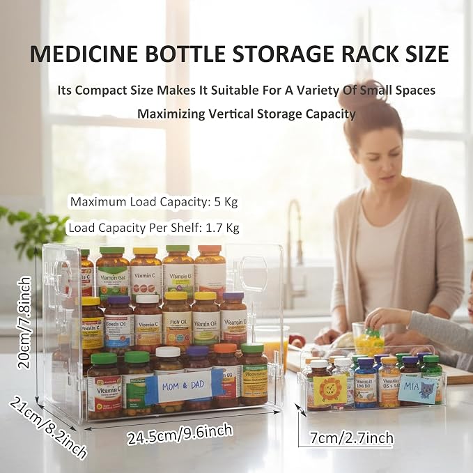 Medicine Bottle Storage Organizer, Pill Bottle Vitamin Organizer for Cabinet 3 Tier Clear Countertop Organizer Storage Rack Easy Access with Removable Shelves
