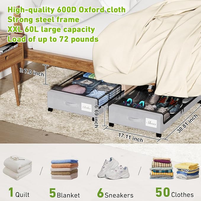 YAASHEEN Under Bed Storage with Wheels, 4-Pack Under the Bed Storage Containers with Clear Lids & Label, Underbed Storage Bins, XXL 60L Rolling Metal Drawer for Clothes, Shoes, Toys, Books - Gray
