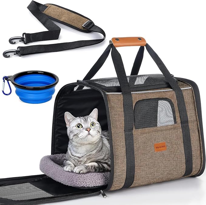 Morpilot Pet Carrier for Large Cats, Puppies & Small Dogs Up to 20lbs | Escape-Proof with Locking Zippers, Dual-Sided Cushion, Safety Buckle for Car & Vet Travel, Includes Foldable Bowl (Brown)