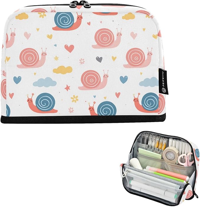 Aslsiy Large Capacity Pencil Case Cute Cheerful Snails and Clouds (2) Pencil Pouch for Boys Girls Portable Pen Bag Organizer Standing Makeup Bag for School Office Supplies