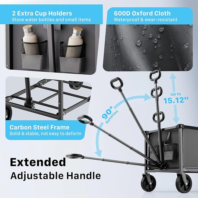 29.3" Collapsible Wagon Cart, 150L Heavy Duty Folding Utility Wagon with Wheels, 260 lbs Load, Portable Rolling Cart for Garden, Shopping, Sports, Camping, Darkgray