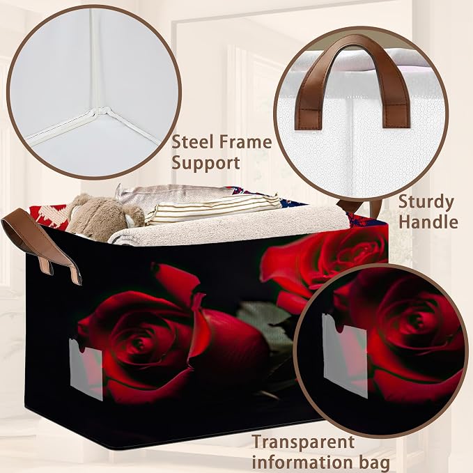 Romantic Rose Storage Basket Large 17x11.5x10.5 Inche-Collapsible Fabric Organizer Bin with Handles for Bedroom,Wedding Decor,Farmhouse-Foldable Decorative Hamper with Blossom Floral Design-1 Pack
