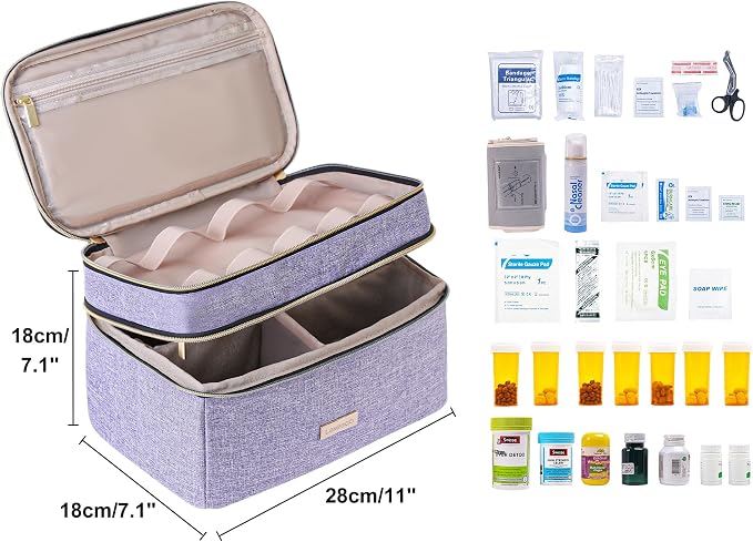 Lexeeco Travel Medicine Pill Bottle Organizer Bag with Portable Small Pouch | Medication Case with Lockable Zipper for Pill,Vitamin,Medicine Storage Box for College Dorm Student,Home,First Aid Bag Empty