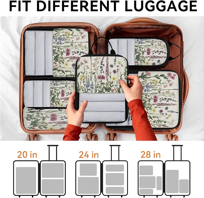 Herbs And Wild Flowers 6 Set Compression Packing Cubes Floral Expandable Packing Organizer for Travel Accessories Luggage Suitcase Bag