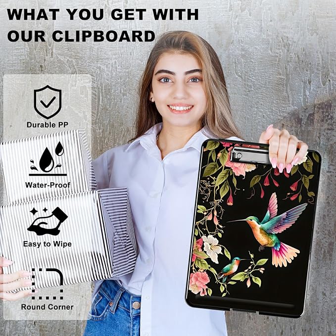 A4 Clipboard with Storage Pen Holder, Clipboards Organizer Nursing Clipboard Foldable File Folder Plastic Clipboard Folio Clip Board for Office Students Classroom Doctor, Flower Hummingbird