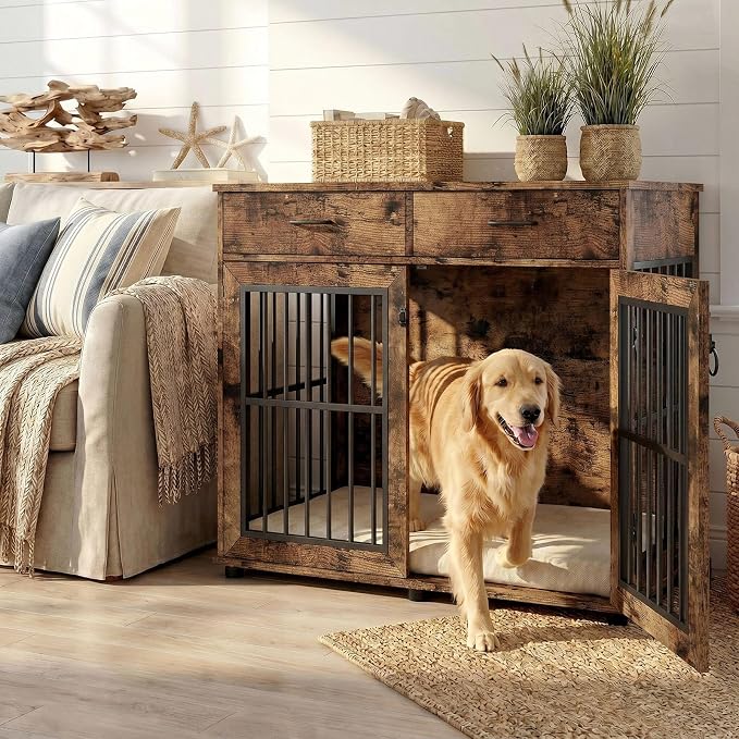 VOWNER 43.3" Large Dog Crate Furniture with 2 Drawers, Brown | Wooden Dog Kennel Furniture End Table with 3 Doors, XL Dog Kennel Indoor with Storage, Dog Cage TV Stand for Large Medium Dog