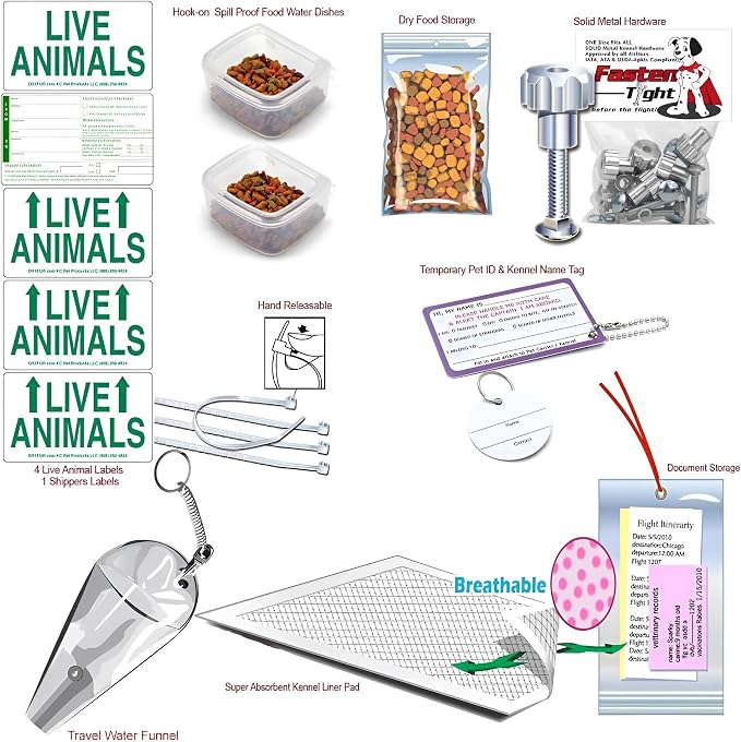 Complete - MD Deluxe Pet Airline Travel Kit with Pad, Dishes, Live Animal Labels, Water Funnel, Metal Nut Bolts, Name tag, Travel Document Holder