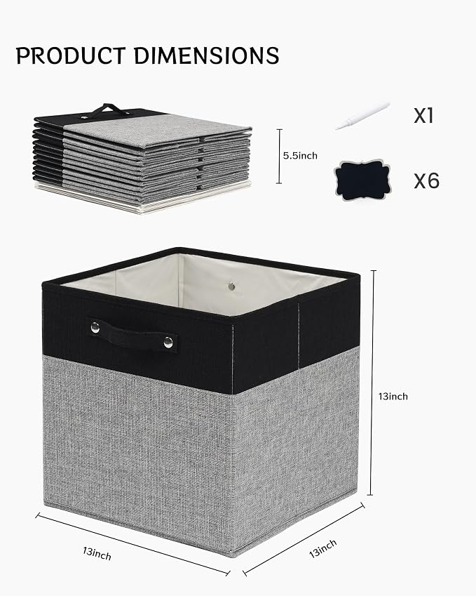 FinishingBo 13 inch Cube Storage Bins with Handles 6 Pack | Foldable Linen Storage Baskets, Closet Organizers, Shelf Baskets, Black Grey