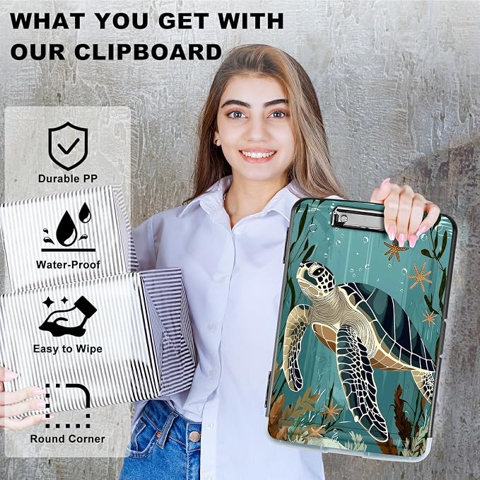 A4 Clipboard with Storage Pen Holder, Clipboards Organizer Nursing Clipboard Foldable File Folder Plastic Clipboard Folio Clip Board for Office Work Classroom Doctor, Retro Turtle Ocean