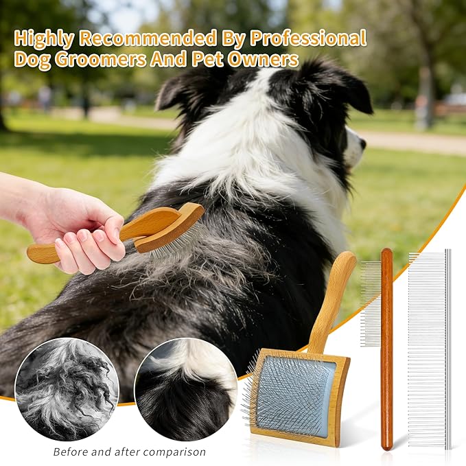 Slicker Brush For Dogs,Large Long Wooden Handle Dog Grooming Brush for Goldendoodles, Poodles & Labradoodles for Dematting, Deshedding & Removing Tangles on Medium to Long Haired Dogs