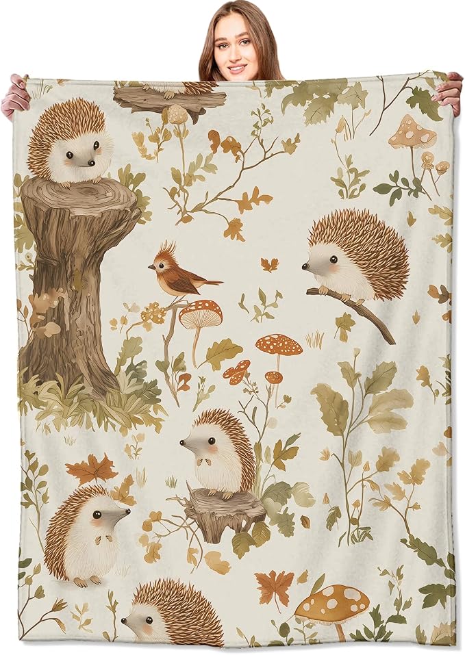 Hedgehog Blanket,60x80in,Cute Woodland Forest Scene Mushroom and Bird Throw Blankets,Gifts for Kids Adult & Nature Lovers, Lightweight Soft Fleece,for Sofa Couch Bed Room Retro Decor
