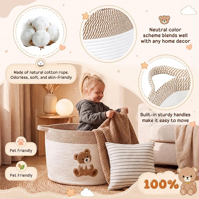 LemonRoad Extra Large Basket 20"x14", Woven Basket for Laundry Blanket Toy Box with Handle Storage, Blanket Storage for Living Room Nursery Pillows Chest(Cotton Rope,Bear,Brown White)