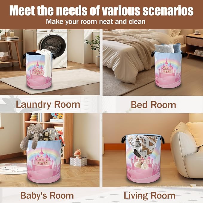 Pink Castle Laundry Basket,Waterproof Foldable Rainbow Laundry Hamper,Dirty Clothes Laundry Basket,Linen Bin Storage Organizer Collection 16" x 20.8"