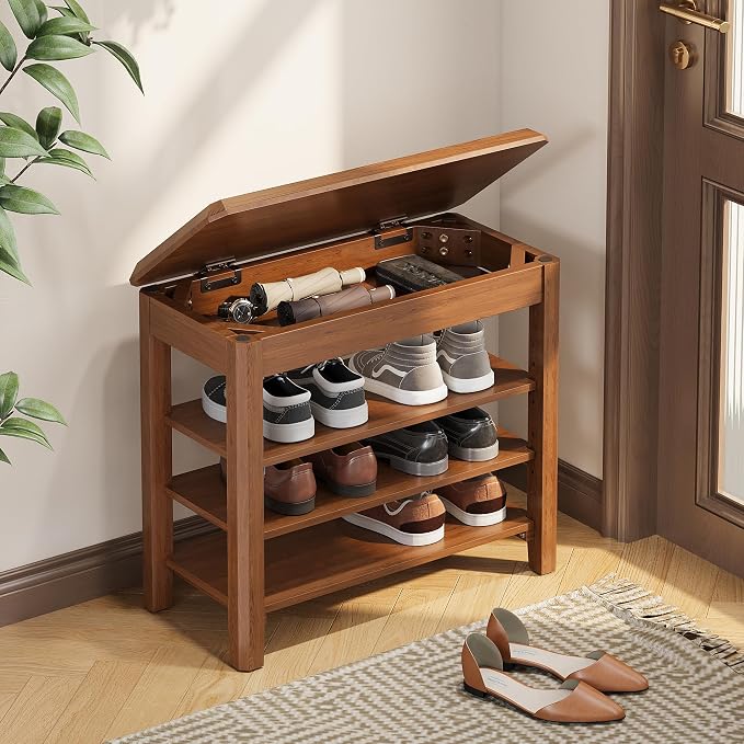 IUNVR Shoe Rack Bench Seat Rubberwood 3-Tier Wooden Storage Bench 550lbs Compact Mid-Century Modern Design for Entryway, Hallway, Closet, Front Door Entrance, Foyer