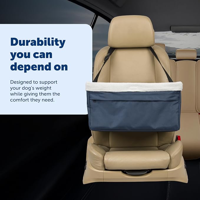 PetSafe Happy Ride Dog Booster Seat, Navy Blue, Up to 25 Lb | Raises Small Dogs to Window Height In Most Cars, Connects to Seatbelt with Safety Tether, Fleece Liner Is Machine Washable