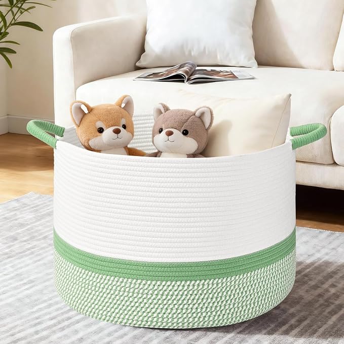 67L Large Blanket Basket, 20"x13" Blanket Basket Living Room, Woven Baskets With Handle, Toy Baskets for Blankets, Nursery, Dog, Pillow, Gift (White & Green)