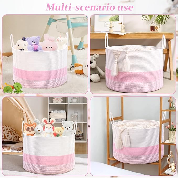 67L Large Woven Blanket Basket, Cotton Rope Baby Laundry Hamper with Handles, Kids Toy Basket for Classroom & Nursery, Soft Round Stuffed Animal Storage, Dog Toy Bin - 20"x13", Light Pink
