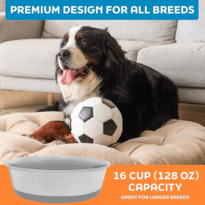 Master Pet Supply Stainless Steel Dog Bowls Set of 2 with Extra Thick Silicone Base - 16 Cup (128 oz) Graphite, Non-Slip, Dishwasher Safe Metal Bowls, Pet Dog Food Bowl for Dogs, Cats, Anti Rust