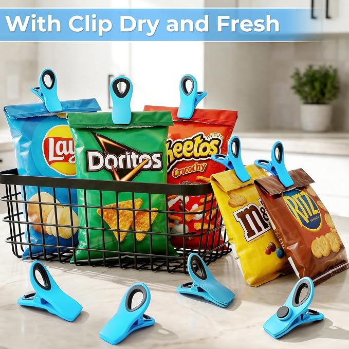 12 Pack Chip Clips, Bag Clips for Food, Magnetic Sealers for Chips And Other Food, Plastic Bag Clip for Kitchen, Fridge, Clothes, Sewing And Artwork (Blue)