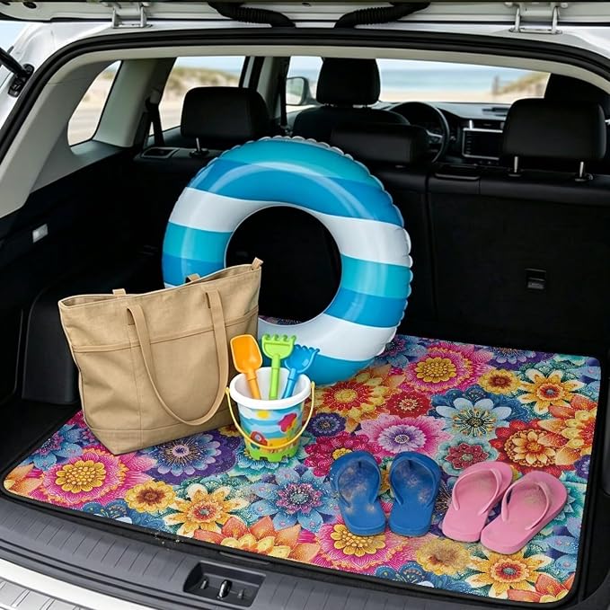 Howilath Bohemian Floral Rear Cargo Mat All Weather Trunk Liner for Cars SUV Truck, Non-Slip Polyester Carpet