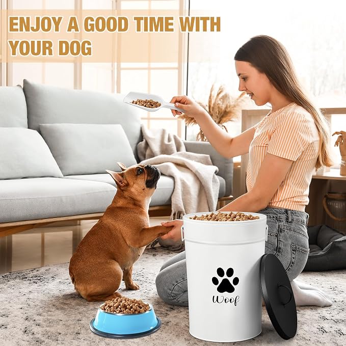 DoubleFill Extra Large 30 lb Metal Dog Food Storage Containers, White | Airtight Dog Treat Snack Jars with Lids and Spoon, Farmhouse Style Big Pet Cookie Storage Bin for Kitchen Counter, Set of 2