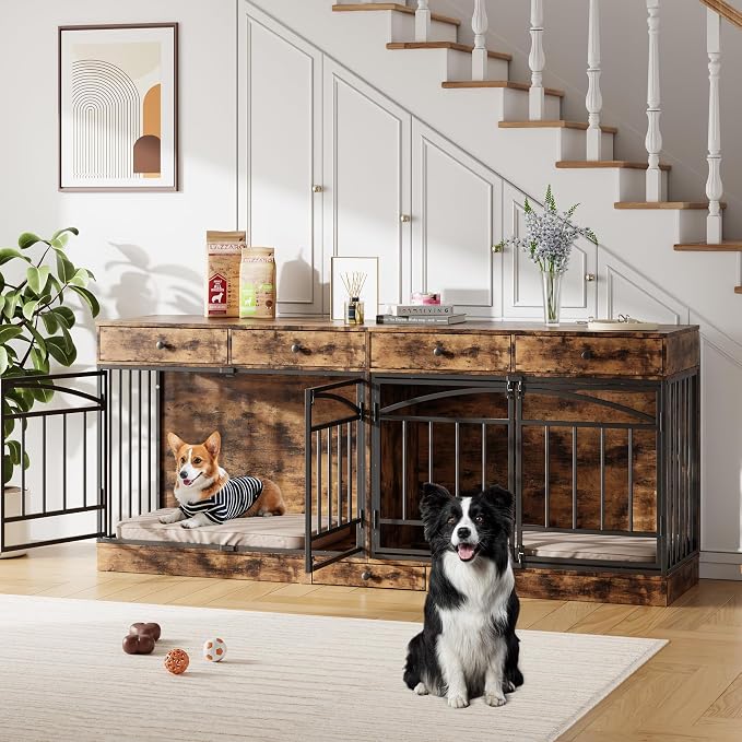 IDEALHOUSE 78.7" Double Dog Crate Furniture with Storage and 4 Doors, Brown | Dog Kennel Indoor with Feeding Bowls, Wood Dog Crate TV Stand for Small Medium Dogs