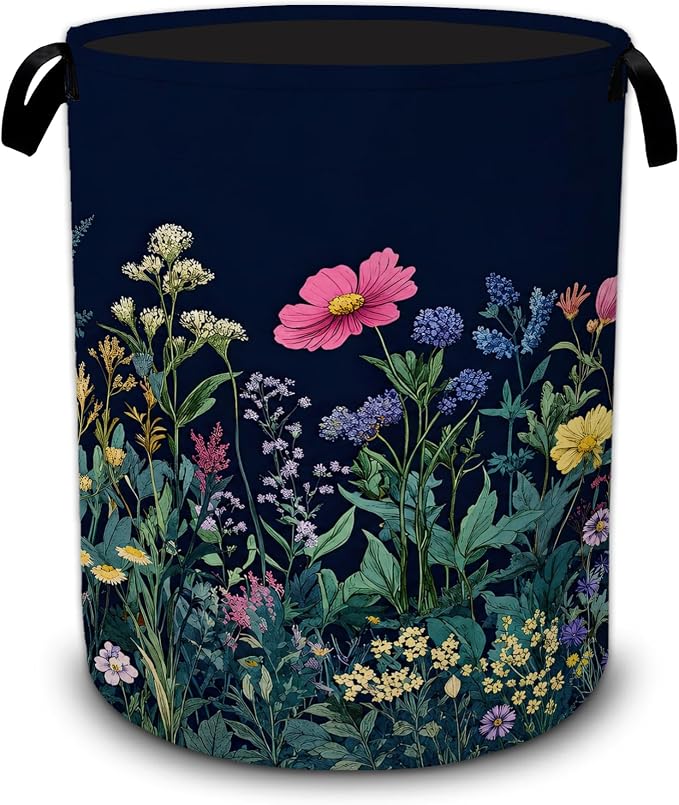 Wildflower Spring Floral Laundry Basket,Garden Flowers Foldable Oxford Laundry Hamper with Handles,Portable Clothes Tote Bag Clothes Storage Bucket Organizer For Bathroom/Laundry Storage/Bedroom