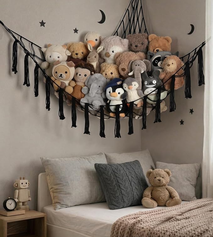Stuffed Animal Storage Hammock or Net Corner - Large Toy Hammock Net for Stuffed Animals Room Decor - Cute Stuff Animal Organizer Plush Holder - Kids Baby Nursery Essentials Wall Bedroom Home Decor