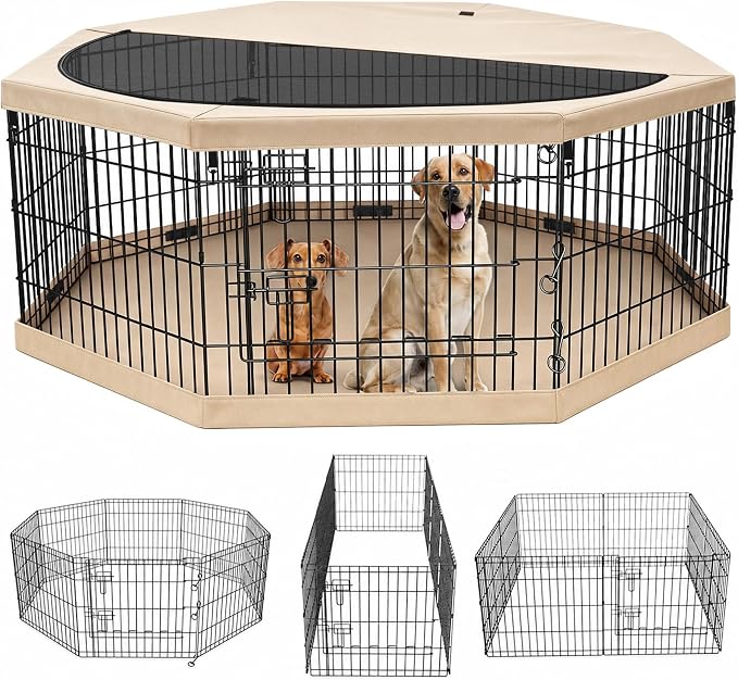 PETIME Foldable Metal Dog Exercise Pen/Pet Puppy Playpen Kennels Yard Fence Indoor/Outdoor 8 Panel 24" W x 30" H with Top Cover and Bottom Pad