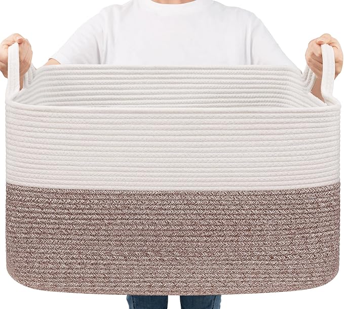 Goodpick Large Woven Rope Blanket Basket, Rectangle, White & Brown | 21.6'' x 14.9'' x 11.8'' Storage Basket for Blankets & Toys, Living Room, Bedroom & Nursery Organization, Reinforced Handles