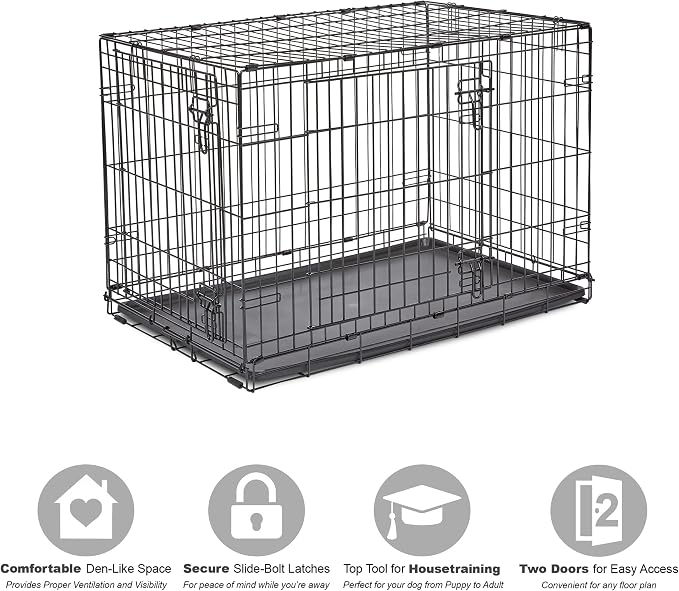 New World by Midwest 36-Inch Double Door Crate, M-L Breeds, 41-70 lbs | Folding Dog Crate, Leak-Proof Tray & Secure Latches, Portable, Durable & Easy to Assemble