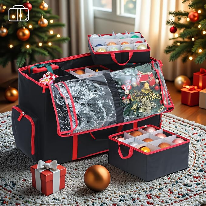 Large 2-in-1 Christmas Ornament Storage Box - High Capacity Storage, Easy Organization Protect Your Holiday Decorations (Black)