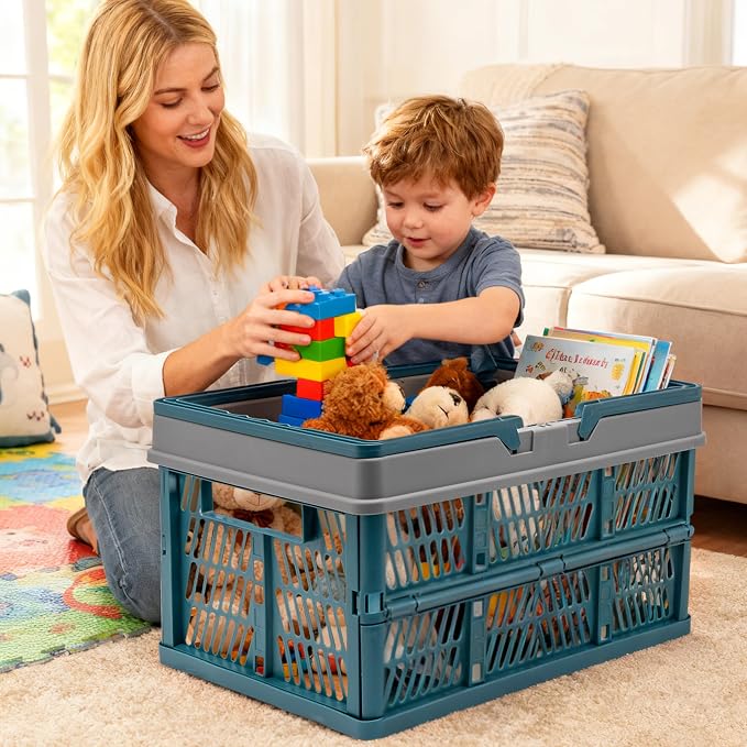 VALESKA 17" Plastic Milk Crate (Deepblue),33L Collapsible Crates for Storage, Foldable Collapsible Shopping Basket with Handles,Car Trunk Basket,for Kitchen