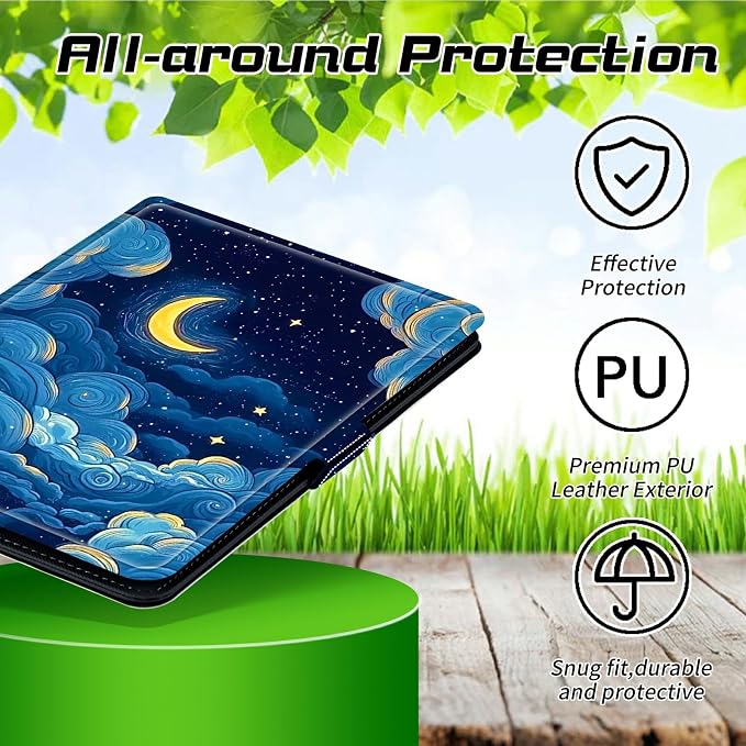 Universal Tablet Case for T-Mobile Revvl Tab 2 10.1" 2025/Revvl Tab 5G 10.36" 2023, 360 Degree Rotating Kickstand Protective Stand PU Leather Shell Cover for 9"-10.5", Moon Blue Clouds