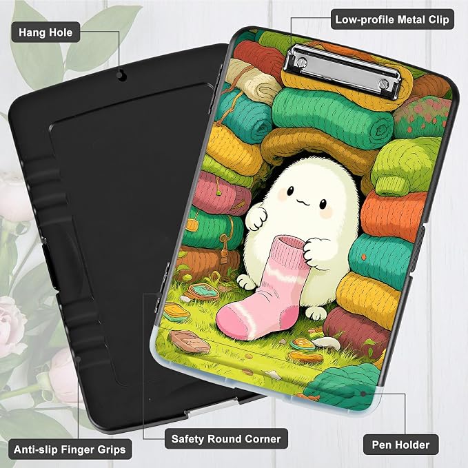 A4 Clipboard with Storage Pen Holder, Clipboards Organizer Nursing Clipboard Foldable File Folder Plastic Clipboard Folio Clip Board for Office Work Classroom Doctor, Sock Pet