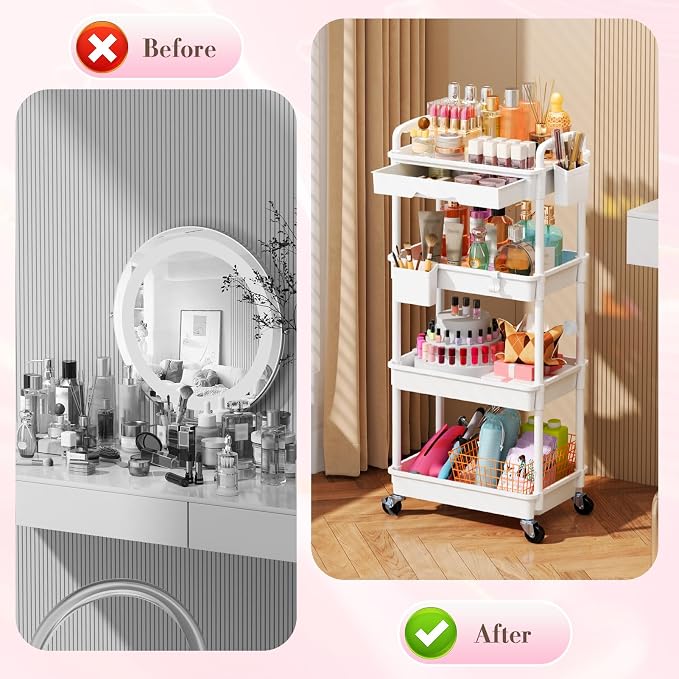 SUNALLY Makeup Cart Organizer with Drawer,4 Tier Rolling Makeup Cart, White | Rolling Vanity Storage for Skin Care Perfume Nail Polish, Floor Skincare Organizers Cosmetics Display Bathroom Storage Cart